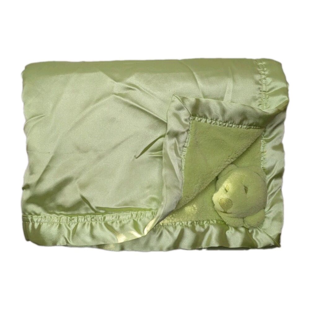 Child of Mine Baby Blanket Lovey Green Satin Trim Back Bear Carters RARE